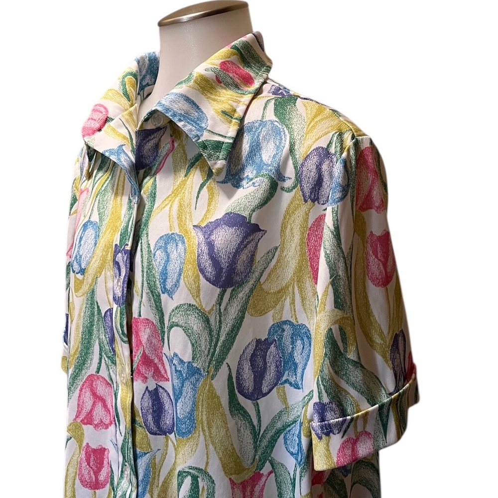 Vtg 70s Lady Devon TULIPS Short Sleeve Blouse Shirt 5 button placket PASTELS